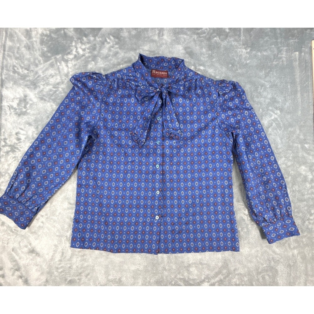 Ragazza Vtg 80s Blue Geometric Diamond Bow Tie Neck Button Up Secretary Blouse